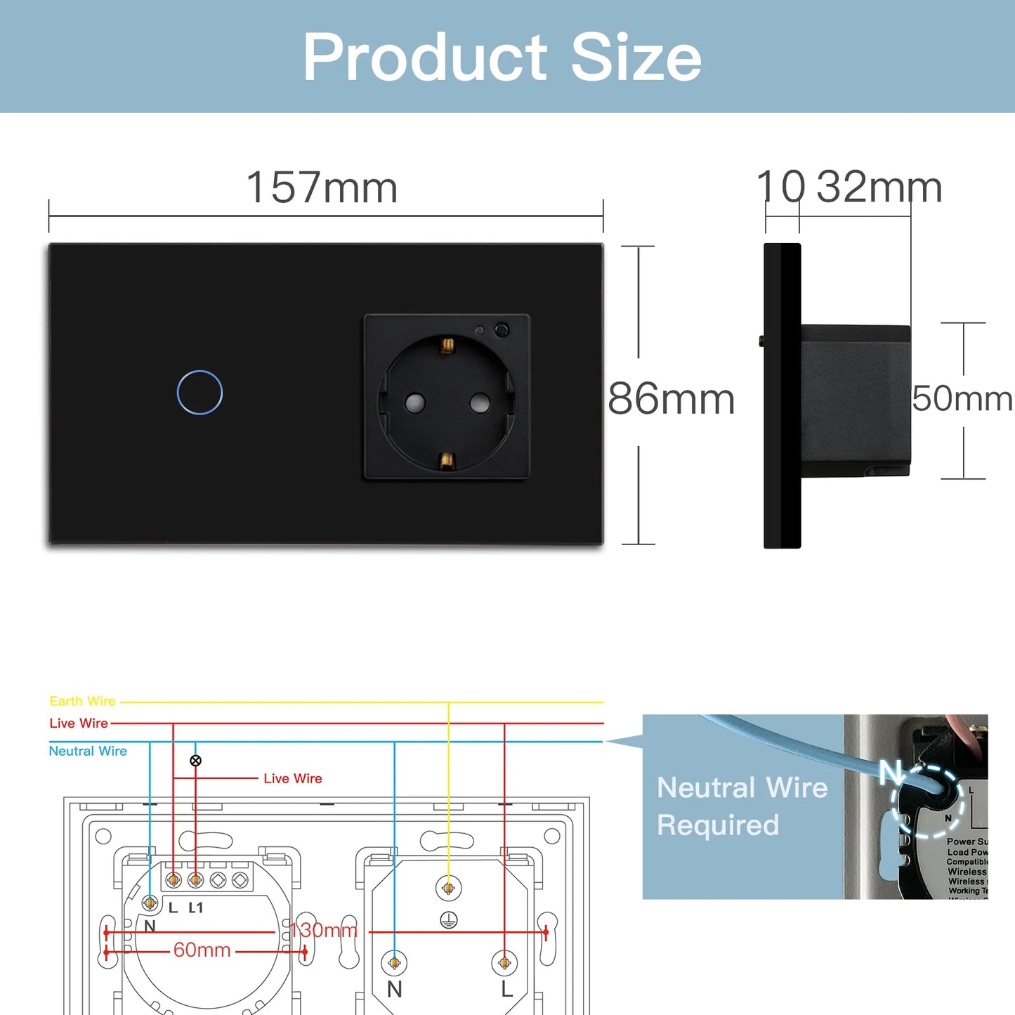 Smart Wifi Touch Switch 1/2/3 Gang EU Standard EU Socket Work with Tuya Google Smart Home Crystal Glass Panel Smart Switch
