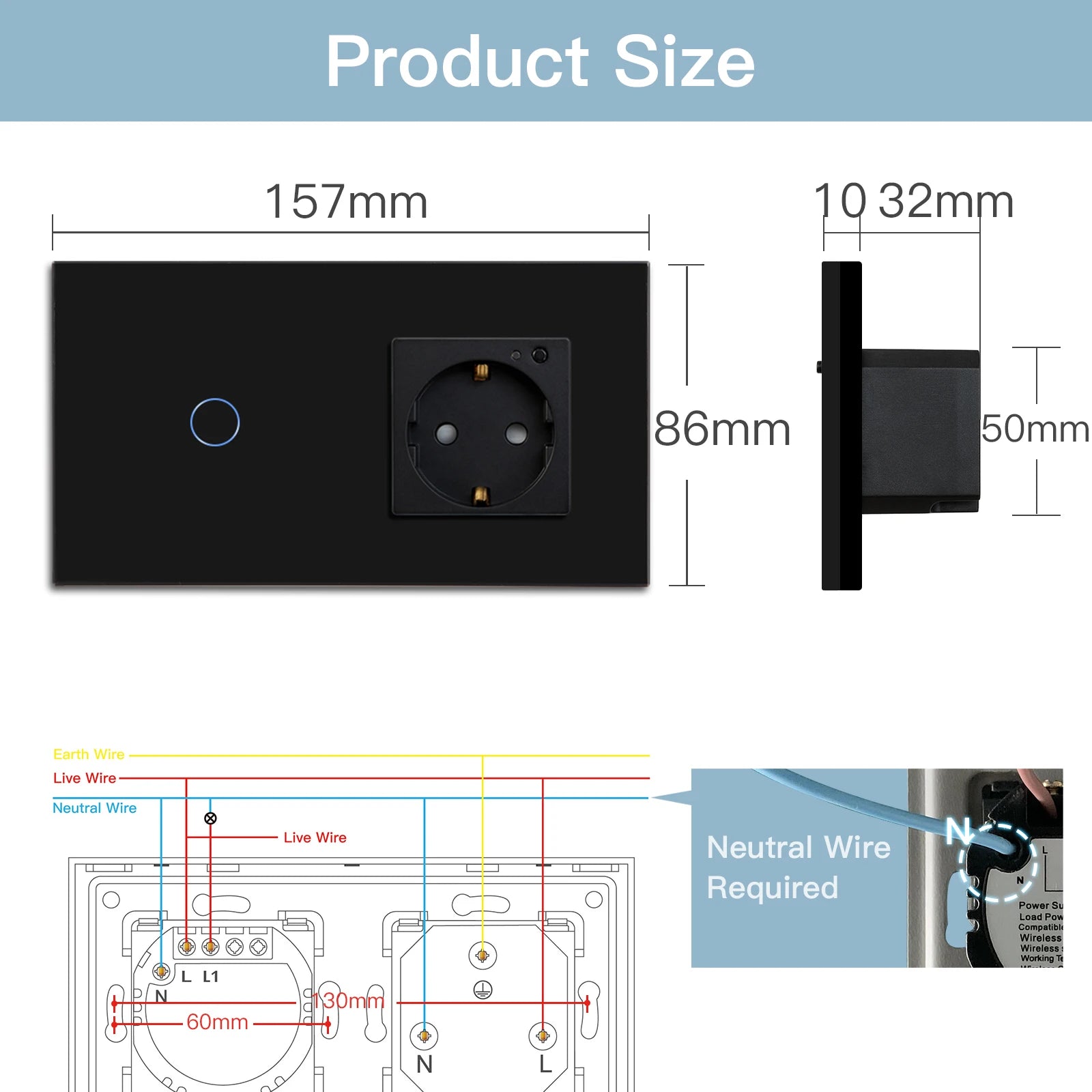 Smart Wifi Touch Switch 1/2/3 Gang EU Standard EU Socket Work with Tuya Google Smart Home Crystal Glass Panel Smart Switch