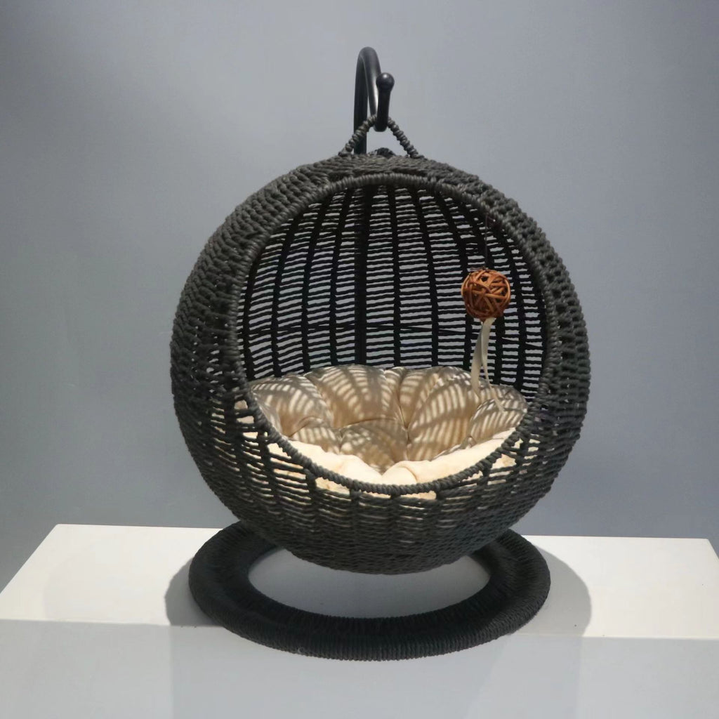 Semi-Enclosed Pet Hammock Cat Bed, Rattan Hanging Basket for Cats