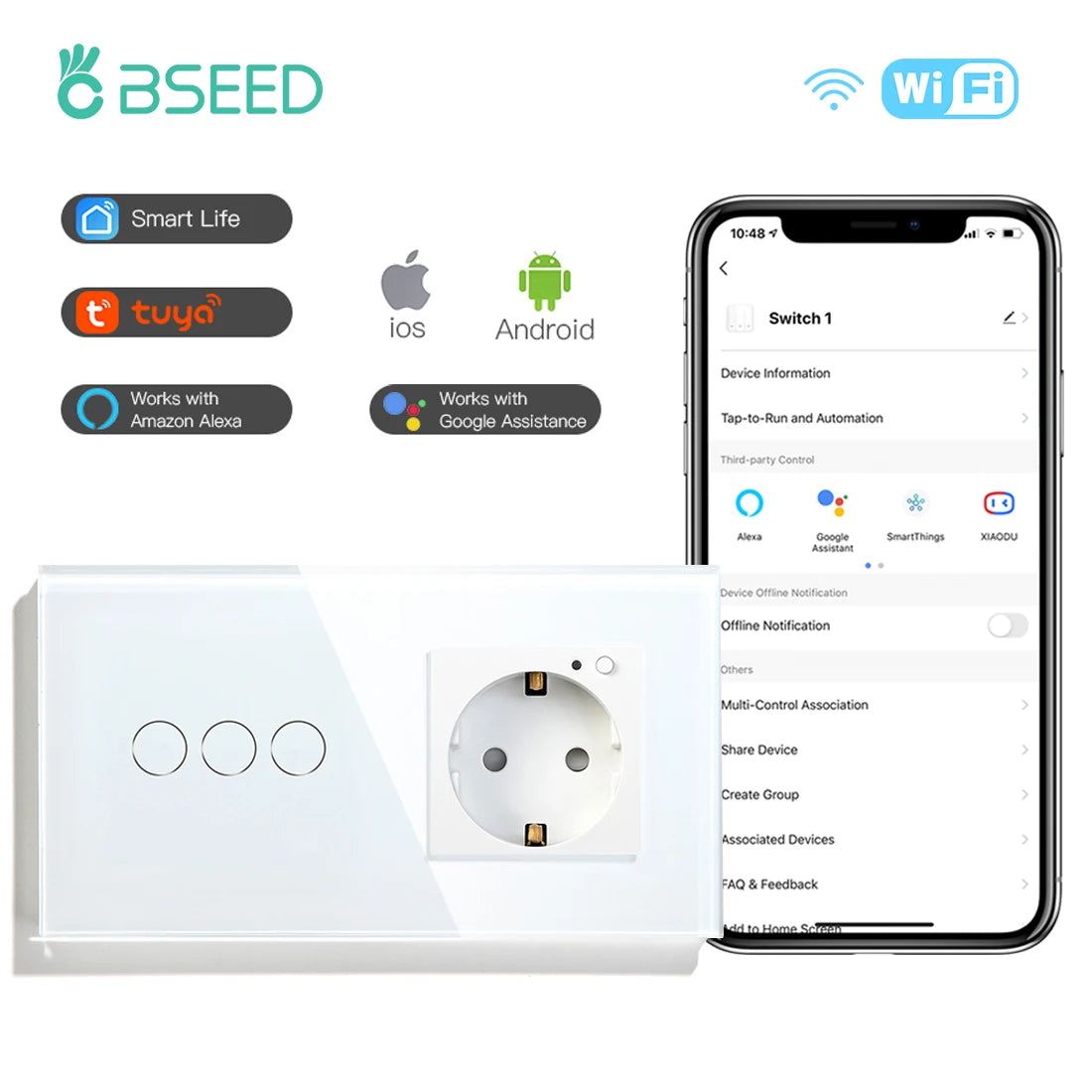 Smart Wifi Touch Switch 1/2/3 Gang EU Standard EU Socket Work with Tuya Google Smart Home Crystal Glass Panel Smart Switch