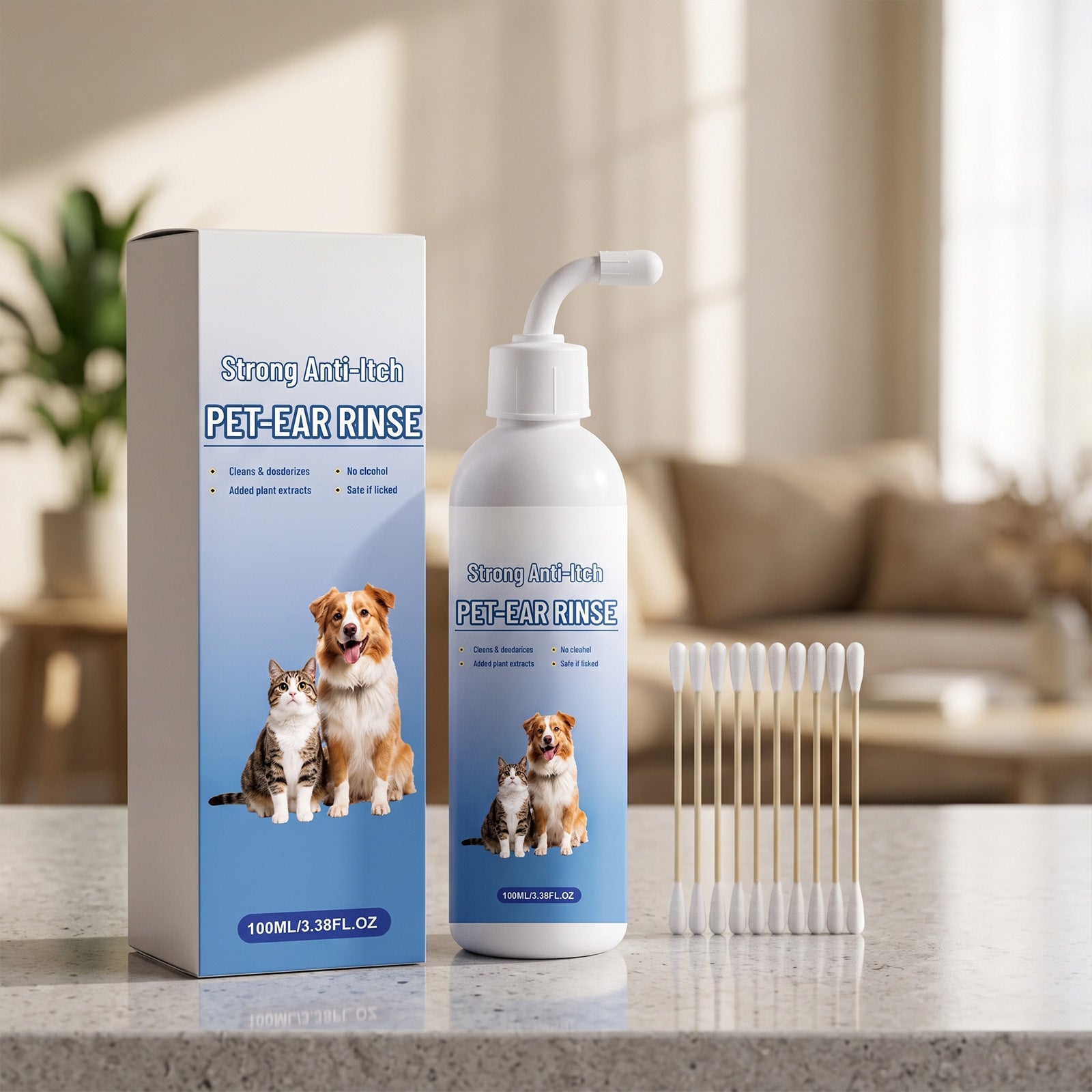 Pet Ear Cleaning Solution with Cotton Swabs