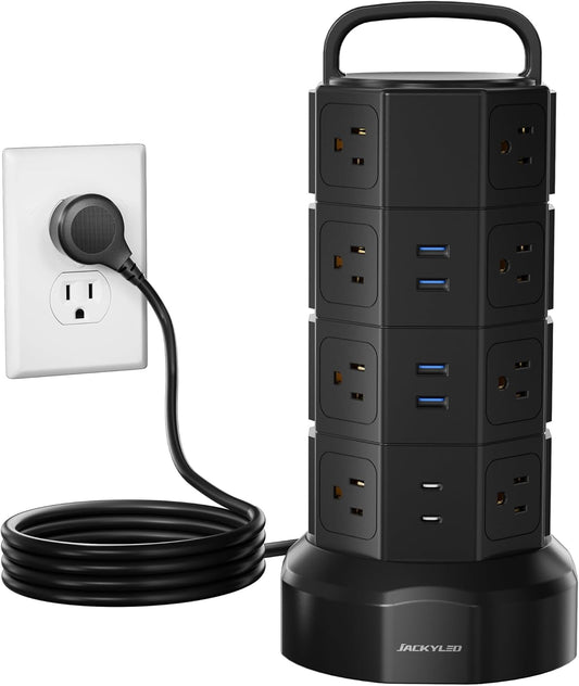 Power Strip Tower Surge Protector,  16 Outlets 6 USB (2 USB C) Charging Station, Extension Cord with Multiple Outlets, 1050J 1625W/13A Outlet Extender 6.5Ft Extension Cord for Home Office | 6.5Ft Retractable Extension Cord with Multiple Outlets, 1625W/13A Outlet Extender, USB Charging Station for Home Office Dorm