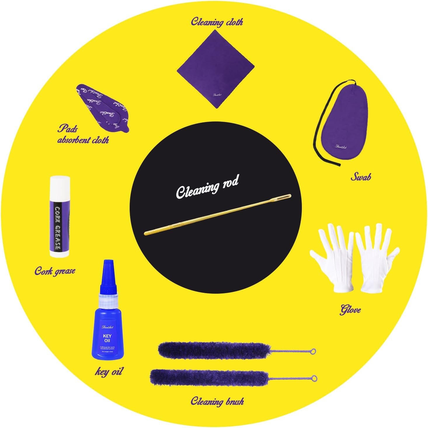 Flute Cleaning Care Cleaning Kit: Key Oil + Cork Grease + Swab + Cleaning Cloth + Cleaning Brush + Cleaning Rod - Maintenance Kit