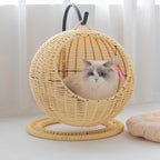Semi-Enclosed Pet Hammock Cat Bed, Rattan Hanging Basket for Cats