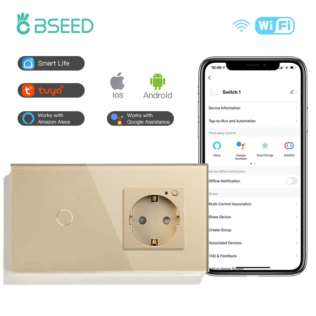Smart Wifi Touch Switch 1/2/3 Gang EU Standard EU Socket Work with Tuya Google Smart Home Crystal Glass Panel Smart Switch