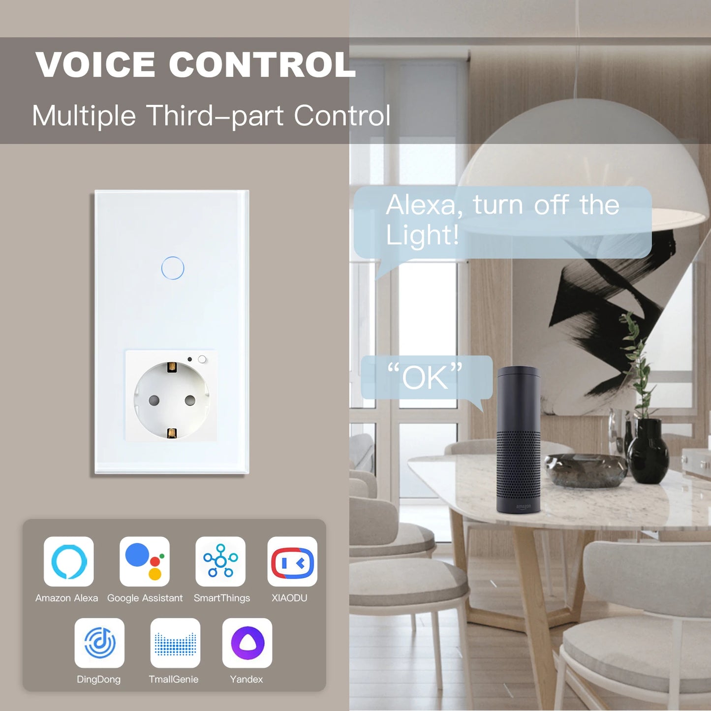 Smart Wifi Touch Switch 1/2/3 Gang EU Standard EU Socket Work with Tuya Google Smart Home Crystal Glass Panel Smart Switch