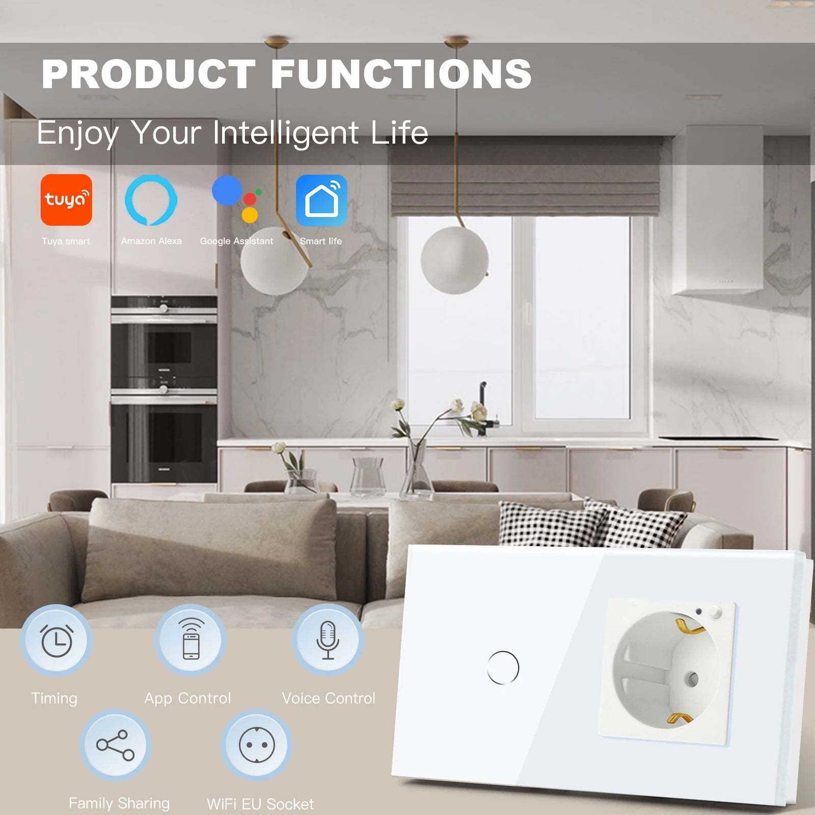 Smart Wifi Touch Switch 1/2/3 Gang EU Standard EU Socket Work with Tuya Google Smart Home Crystal Glass Panel Smart Switch