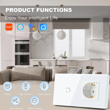 Smart Wifi Touch Switch 1/2/3 Gang EU Standard EU Socket Work with Tuya Google Smart Home Crystal Glass Panel Smart Switch