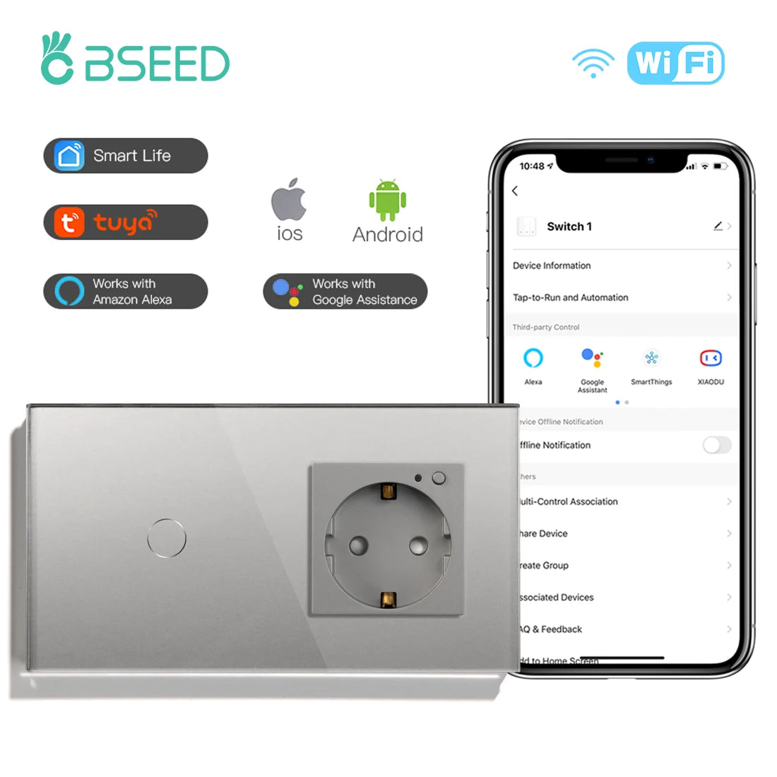 Smart Wifi Touch Switch 1/2/3 Gang EU Standard EU Socket Work with Tuya Google Smart Home Crystal Glass Panel Smart Switch