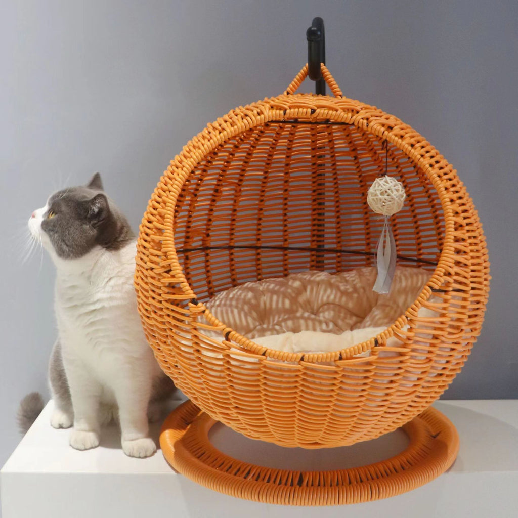 Semi-Enclosed Pet Hammock Cat Bed, Rattan Hanging Basket for Cats