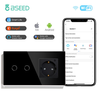 Smart Wifi Touch Switch 1/2/3 Gang EU Standard EU Socket Work with Tuya Google Smart Home Crystal Glass Panel Smart Switch